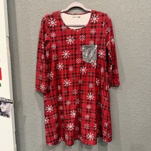 Red Plaid Snowflake Dress with Sequin Pocket
